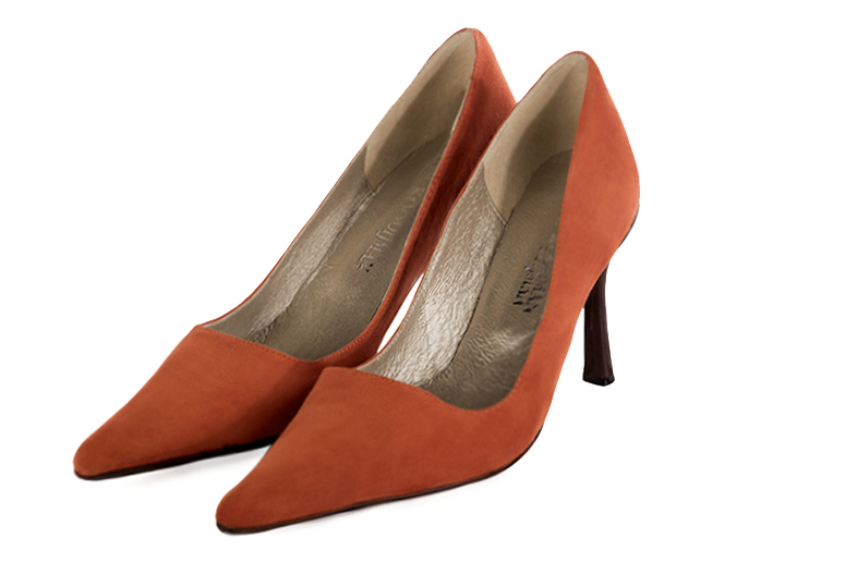 Terracotta orange women's dress pumps,with a square neckline. Pointed toe. High slim heel. Front view - Florence KOOIJMAN